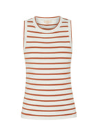 POL -  LUCA TANK
Made from a ribbed viscose and cotton blend yarn, the Luca Knit Tank is super soft and wearable for Spring.
-Round neckline - ribbed with contrast striped edge.
-Sleeveless design - armholes are ribbed with contrast striped edge.
-Body skimming fit - ribbed style has a nice amount of stretch.
-Available in White/Camel and White/Ink