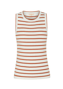 POL -  LUCA TANK
Made from a ribbed viscose and cotton blend yarn, the Luca Knit Tank is super soft and wearable for Spring.
-Round neckline - ribbed with contrast striped edge.
-Sleeveless design - armholes are ribbed with contrast striped edge.
-Body skimming fit - ribbed style has a nice amount of stretch.
-Available in White/Camel and White/Ink