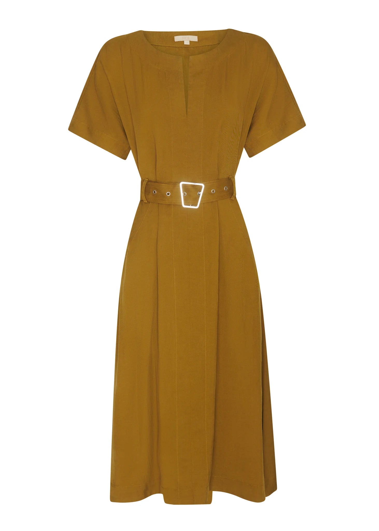 FAIRE BELTED DRESS

Made from a drapey soft suiting, the Faire Belted Dress is an elevated everyday style that can be dressed up or down.
-Slash neckline.
-Short sleeves.
-Relaxed fit can be cinched in with the matching belt.
-Feature nickel buckle on the belt.
-Hip pockets.
-A-line midi length skirt.
-Topstitch detailing throughout.
-Available in Black &amp; Khaki&nbsp;
-Fabric has a natural crinkle texture.