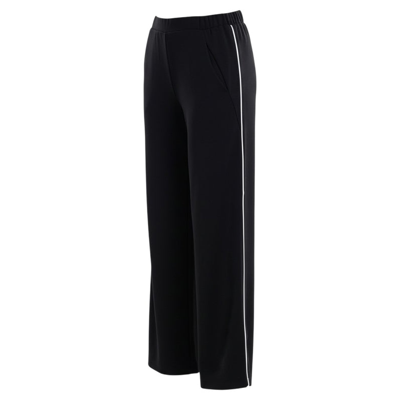 The N-E-S Piped Gin Pants – a timeless straight-leg pant with flat front, elastic back and refined piping. Breathable, Black, Ink. Best seller. polished and NZ made.