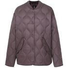 Talei by Moke lightweight quilted bomber jacket in Coco Powder, featuring a relaxed fit with ribbed collar, snap button front and curved silhouette, finished with bound edge detailing and an ultra soft velboa lining for cosy, trans seasonal layering.