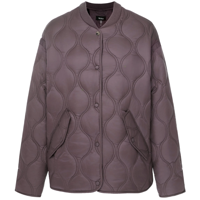 Talei by Moke lightweight quilted bomber jacket in Coco Powder, featuring a relaxed fit with ribbed collar, snap button front and curved silhouette, finished with bound edge detailing and an ultra soft velboa lining for cosy, trans seasonal layering.