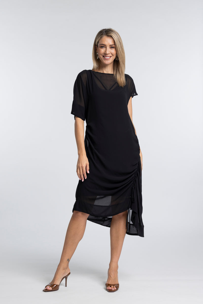 The NES Em Dress – an asymmetrical chiffon dress with ruching and adjustable drawcord. Bold, floaty and NZ made.
