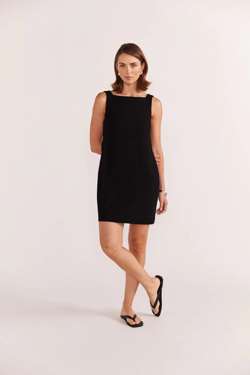 STAPLE THE LABEL, EMBER BLACK MINI DRESS. Mini length, High square neckline, Deep V back, Side seam pockets, Designed in Sydney, Australia, 55% Linen 45% Viscose, Lining: 100% Viscose