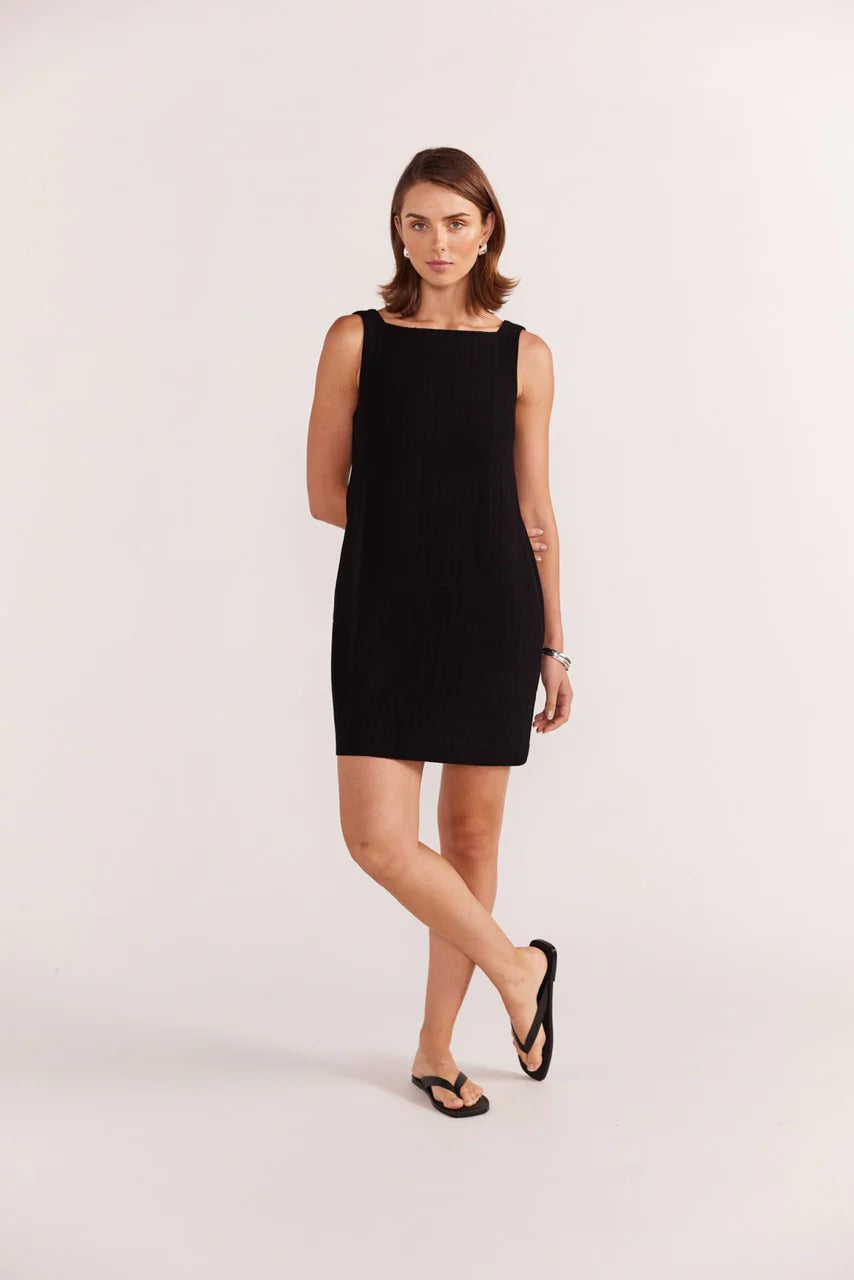 STAPLE THE LABEL, EMBER BLACK MINI DRESS. Mini length, High square neckline, Deep V back, Side seam pockets, Designed in Sydney, Australia, 55% Linen 45% Viscose, Lining: 100% Viscose