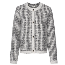 Vivian by Moke women’s cotton blend knit cardigan in white check. Textured novelty knit with a heavier weight feel for warmth and structure, featuring a classic crew neckline and gold finished vintage style buttons at the front. Designed to wear as a cardigan or cosy sweater, this versatile winter staple is made for effortless everyday dressing and designed in New Zealand.