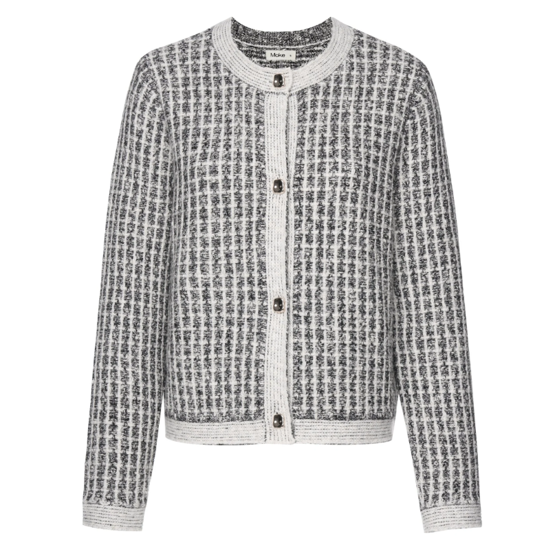 Vivian by Moke women’s cotton blend knit cardigan in white check. Textured novelty knit with a heavier weight feel for warmth and structure, featuring a classic crew neckline and gold finished vintage style buttons at the front. Designed to wear as a cardigan or cosy sweater, this versatile winter staple is made for effortless everyday dressing and designed in New Zealand.