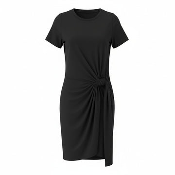 An easy-wear summer staple,
 the N-E-S Ava Knit Dress features a twist pull-through front detail creating a soft, half-moon shape and a subtle asymmetric hem. Designed in a breathable knit with short sleeves and a flattering knee-length cut