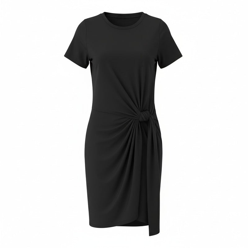 An easy-wear summer staple,
 the N-E-S Ava Knit Dress features a twist pull-through front detail creating a soft, half-moon shape and a subtle asymmetric hem. Designed in a breathable knit with short sleeves and a flattering knee-length cut