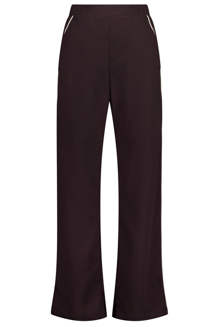 N-E-S Double Piped Gin Pants, designed and made in NZ – women’s classic straight-cut pants in a breathable cotton blend (99% wool, 1% Lycra) with flat front, elasticated back waistband, angled side pockets, and subtle piping along side seams and diagonal pocket edges; 32" length, versatile for work, weekends, or dress-up wear, in Plum.