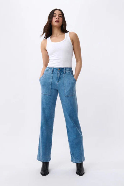 Are these the most comfortable denim utility pant? Kireina really worked the details on the new Celeste Pant; featuring utility-style pockets, a fuller straight leg with a slight flare and the perfect length to show off your winter boots, this one is sure to become high-rotation in your wardrobe.

FEATURES:
- Straight Wide Leg
- Mid/High Rise
- Standard Leg (Size 27 Inside Leg Length = 75cm)
- Zip fly
- Patch Pockets front and back
