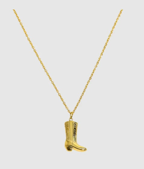 Cowboy Necklace by Castel & Co is a gold-plated stainless steel necklace featuring a detailed cowboy boot pendant on a slim chain. Playful yet stylish design that works well for layering or wearing solo as a statement piece. Necklace length 40 + 5 cm extension, secured with a lobster claw clasp. Lightweight (10g), waterproof, and hypoallergenic.
