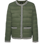 Fern by Moke women’s down puffer jacket in black and olive green. Bold, modern winter coat filled with 90 percent duck down and 10 percent waterfowl feathers for lightweight warmth. Features crochet knit trim at the hems and cuffs, exposed snap front closure with branded metal hardware, and a refined silhouette designed in New Zealand for elevated everyday cold weather wear.