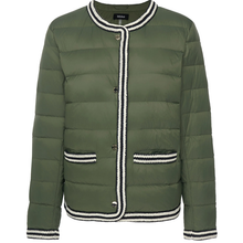 Fern by Moke women’s down puffer jacket in black and olive green. Bold, modern winter coat filled with 90 percent duck down and 10 percent waterfowl feathers for lightweight warmth. Features crochet knit trim at the hems and cuffs, exposed snap front closure with branded metal hardware, and a refined silhouette designed in New Zealand for elevated everyday cold weather wear.