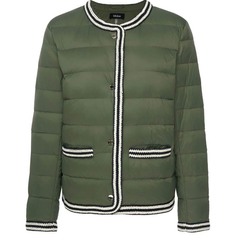 Fern by Moke women’s down puffer jacket in black and olive green. Bold, modern winter coat filled with 90 percent duck down and 10 percent waterfowl feathers for lightweight warmth. Features crochet knit trim at the hems and cuffs, exposed snap front closure with branded metal hardware, and a refined silhouette designed in New Zealand for elevated everyday cold weather wear.