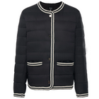 Fern by Moke women’s down puffer jacket in black and olive green. Bold, modern winter coat filled with 90 percent duck down and 10 percent waterfowl feathers for lightweight warmth. Features crochet knit trim at the hems and cuffs, exposed snap front closure with branded metal hardware, and a refined silhouette designed in New Zealand for elevated everyday cold weather wear.