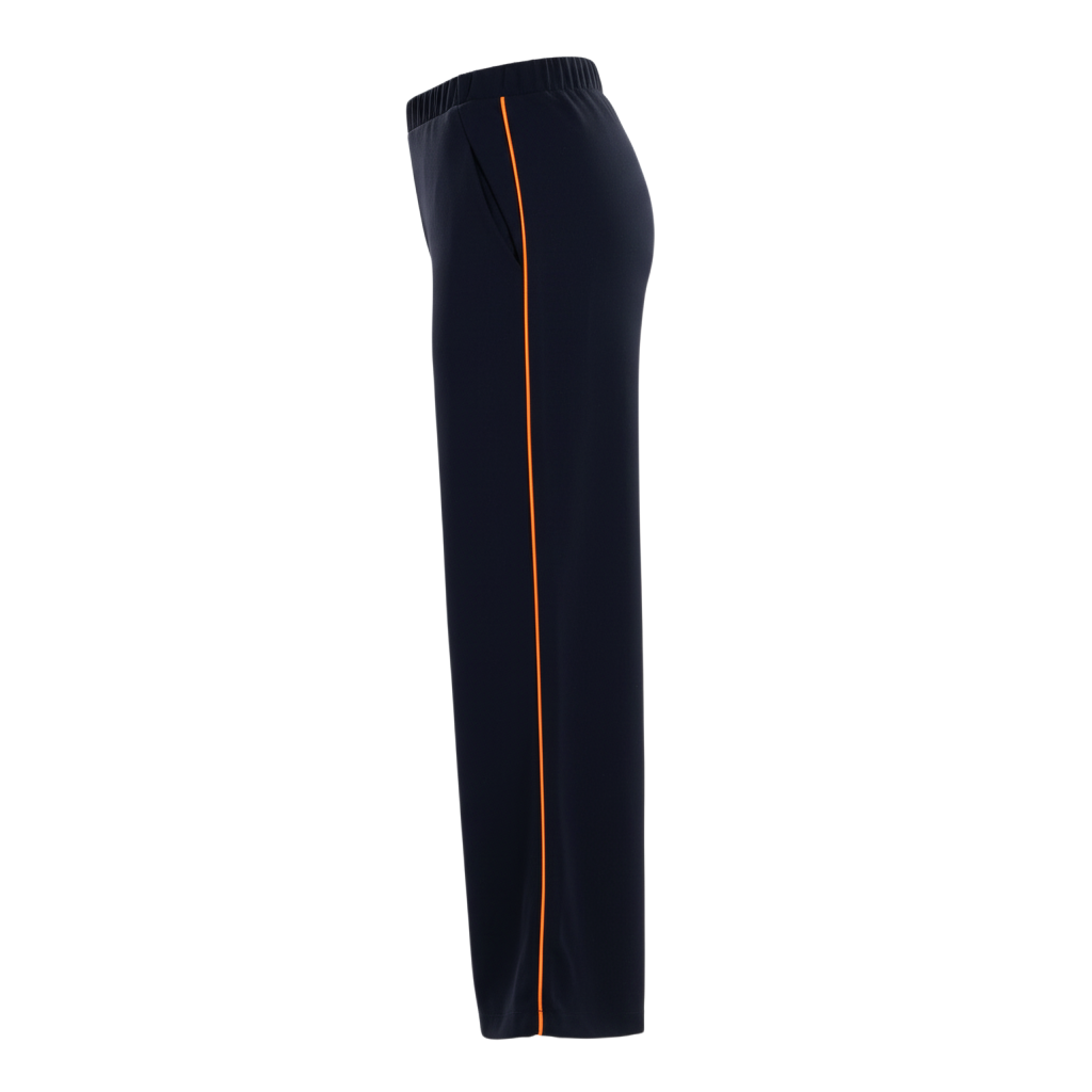The N-E-S Piped Gin Pants – a timeless straight-leg pant with flat front, elastic back and refined piping. Breathable, Black, Ink. Best seller. polished and NZ made.