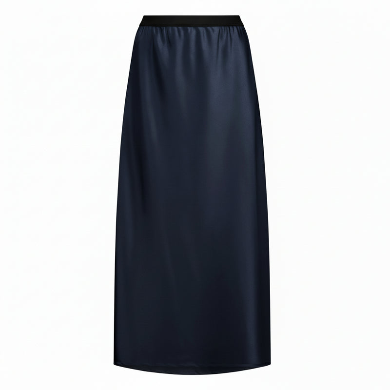 The N-E-S Muse Satin Skirt – a full-length hammered satin skirt with bias cut, elasticated waist and soft high-low hem. Elegant and easy. NZ made.