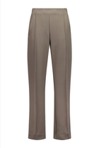 N-E-S Ginnie Pants, designed and made in NZ – women’s tailored pull-on pants with flat front, elasticated back waistband, angled side pockets, and centre front pin stitch on each leg; available in two-way stretch Latte or structured wool-Lycra Navy for polished everyday comfort.