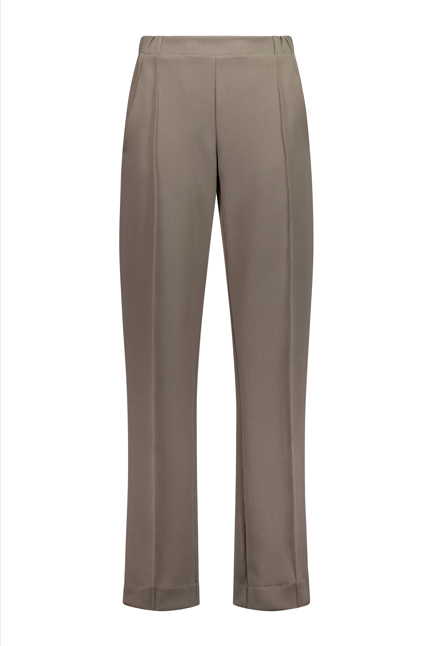 N-E-S Ginnie Pants, designed and made in NZ – women’s tailored pull-on pants with flat front, elasticated back waistband, angled side pockets, and centre front pin stitch on each leg; available in two-way stretch Latte or structured wool-Lycra Navy for polished everyday comfort.