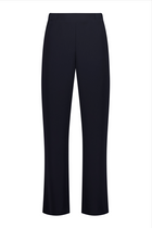 N-E-S Ginnie Pants, designed and made in NZ – women’s tailored pull-on pants with flat front, elasticated back waistband, angled side pockets, and centre front pin stitch on each leg; available in two-way stretch Latte or structured wool-Lycra Navy for polished everyday comfort.