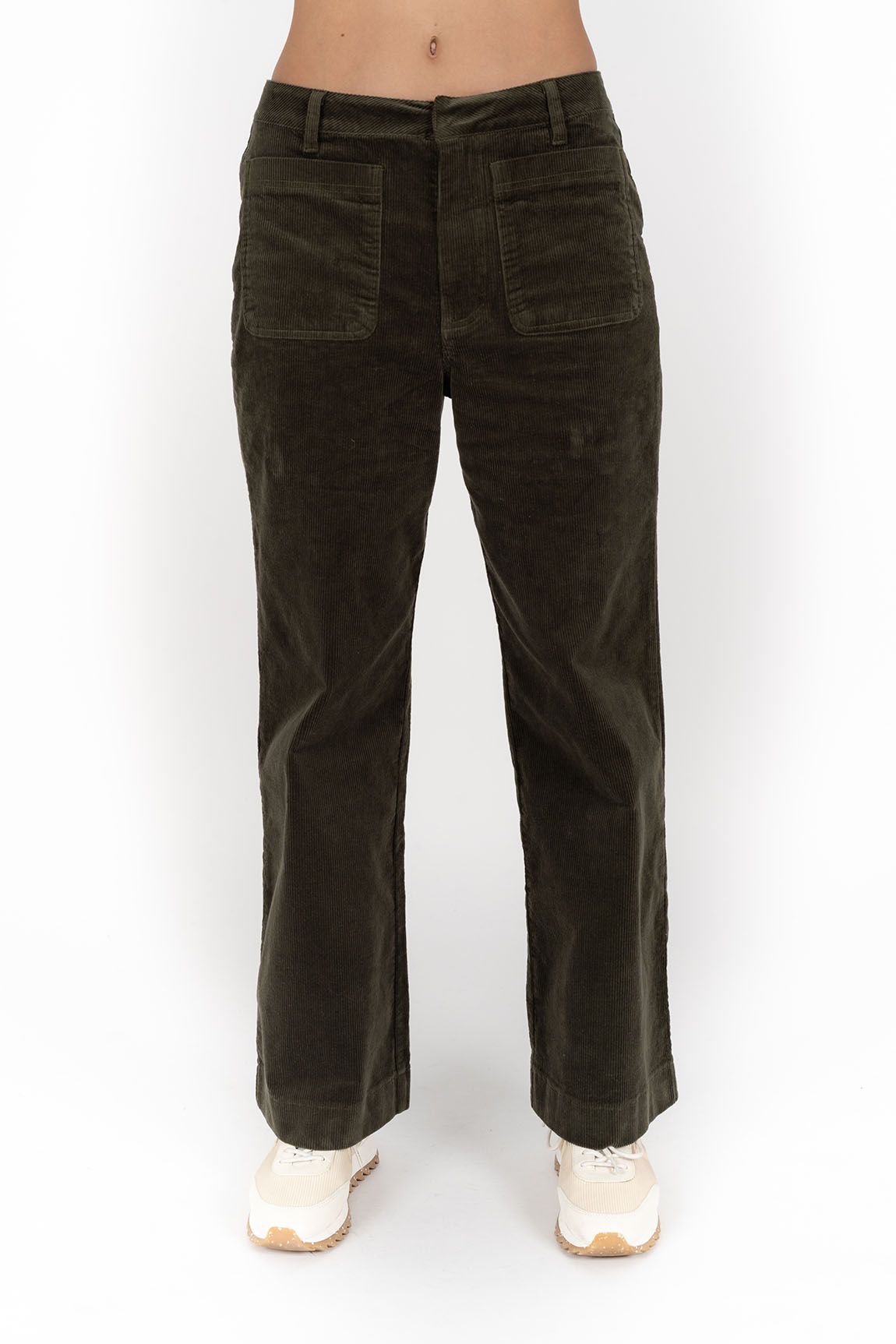 Super stretchy pocket detail corduroy pants.
Can be worn high or mid waisted with straight leg and relaxed fit. 
Zip fly with concealed clasp and button closure.
Belt loops at waist.
The functional patch pockets at front and back are a design feature of these pants.
Darts at back offer a figure-flattering fit.
Super stretchy, mid-weight 11 whale corduroy that is oh-so lush to touch.
Sits at ankle length on average height.
