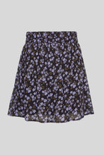 Load image into Gallery viewer, The MSCH Kasandra Orabella skirt is a mini skirt, in a purple floral print with an elastic waistband. The skirt features a double layer, whereas the top layer is floral printed and slightly see-through, with a black layer underneath to ensure coverage. Style this feminine skirt with your favorite knitted pullover and a pair of boots.
