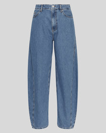 MSCH Copenhagen KOBANE LIS Barrel Jeans in washed blue denim with a loose barrel-leg fit, mid waist and tapered ankle. Features classic five-pocket styling, visible stitching, belt loops and zip button closure.