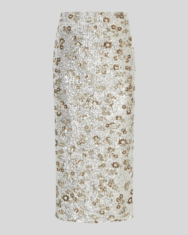 MSCH Copenhagen Magnolia Skirt with shimmering sequin detailing, designed in a flattering high waisted silhouette with a straight cut fit. Crafted from a comfortable polyester and elastane blend, this statement skirt adds a touch of glamour to both casual styling and elevated evening looks.