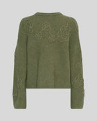 MSCH Copenhagen Miabelle Hope Pullover EMB in muted olive green with embroidered floral detailing and a relaxed boxy fit. Designed with a round neckline and classic long sleeves, crafted from a soft blend of wool, alpaca, acrylic, recycled polyester, polyester, and elastane for a cosy everyday feel.