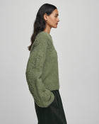 MSCH Copenhagen Miabelle Hope Pullover EMB in muted olive green with embroidered floral detailing and a relaxed boxy fit. Designed with a round neckline and classic long sleeves, crafted from a soft blend of wool, alpaca, acrylic, recycled polyester, polyester, and elastane for a cosy everyday feel.