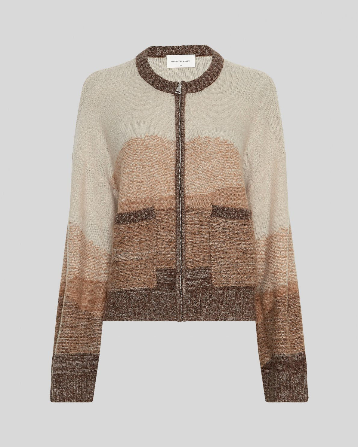 Sasha Zip Cardigan by MSCH Copenhagen
 in a multicolor knitted design with soft tonal transitions. Features a loose, straight-fit silhouette with a front zip closure, long straight sleeves, ribbed cuffs, ribbed hem, and round neckline. Hip-length style crafted from a soft wool-blend knit with alpaca for added warmth and texture. Model is 173 cm tall and wears size S/M.