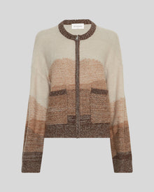 Sasha Zip Cardigan by MSCH Copenhagen
 in a multicolor knitted design with soft tonal transitions. Features a loose, straight-fit silhouette with a front zip closure, long straight sleeves, ribbed cuffs, ribbed hem, and round neckline. Hip-length style crafted from a soft wool-blend knit with alpaca for added warmth and texture. Model is 173 cm tall and wears size S/M.