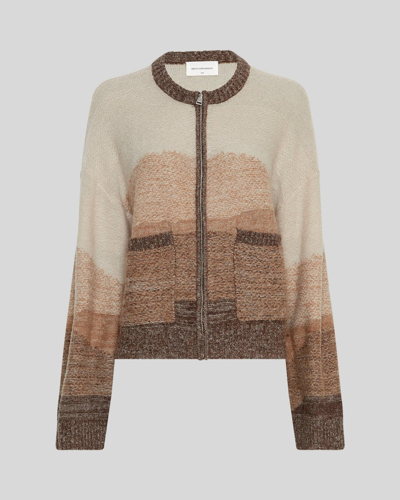 Sasha Zip Cardigan by MSCH Copenhagen
 in a multicolor knitted design with soft tonal transitions. Features a loose, straight-fit silhouette with a front zip closure, long straight sleeves, ribbed cuffs, ribbed hem, and round neckline. Hip-length style crafted from a soft wool-blend knit with alpaca for added warmth and texture. Model is 173 cm tall and wears size S/M.