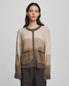 Sasha Zip Cardigan by MSCH Copenhagen
 in a multicolor knitted design with soft tonal transitions. Features a loose, straight-fit silhouette with a front zip closure, long straight sleeves, ribbed cuffs, ribbed hem, and round neckline. Hip-length style crafted from a soft wool-blend knit with alpaca for added warmth and texture. Model is 173 cm tall and wears size S/M.