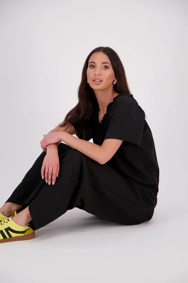 The N-E-S Muses Jumpsuit features a shirred off-the-shoulder top with cap sleeves, an elasticated back waist, and a self-drawcord front for a flattering, adjustable fit. The lower half mirrors the relaxed fit of our Lounge Jumpsuit, with angled seams, centre front detailing, and practical front pockets—plus 5cm added length for extra ease. Wear it your way: off the shoulders, asymmetrical, or pulled up for a more classic neckline.
lyocell,rayon,nylon,linen (anti-crease)
Designed & made in New Zealand