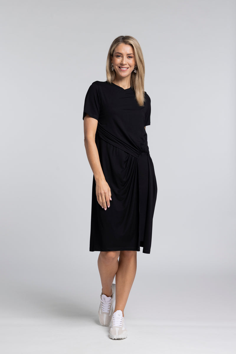 The NES Ava Knit Dress – a double-layer knit dress with twist detail and flattering fit. Comfortable, easy and NZ made.