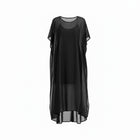 NES Civita Dress by N-E-S – a full-length chiffon dress with oversized drape and side splits. Wear as a dress, over pants or layered. Versatile and NZ made.