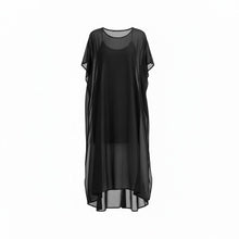NES Civita Dress by N-E-S – a full-length chiffon dress with oversized drape and side splits. Wear as a dress, over pants or layered. Versatile and NZ made.