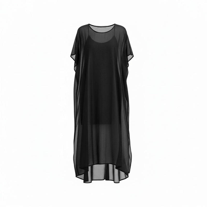 NES Civita Dress by N-E-S – a full-length chiffon dress with oversized drape and side splits. Wear as a dress, over pants or layered. Versatile and NZ made.