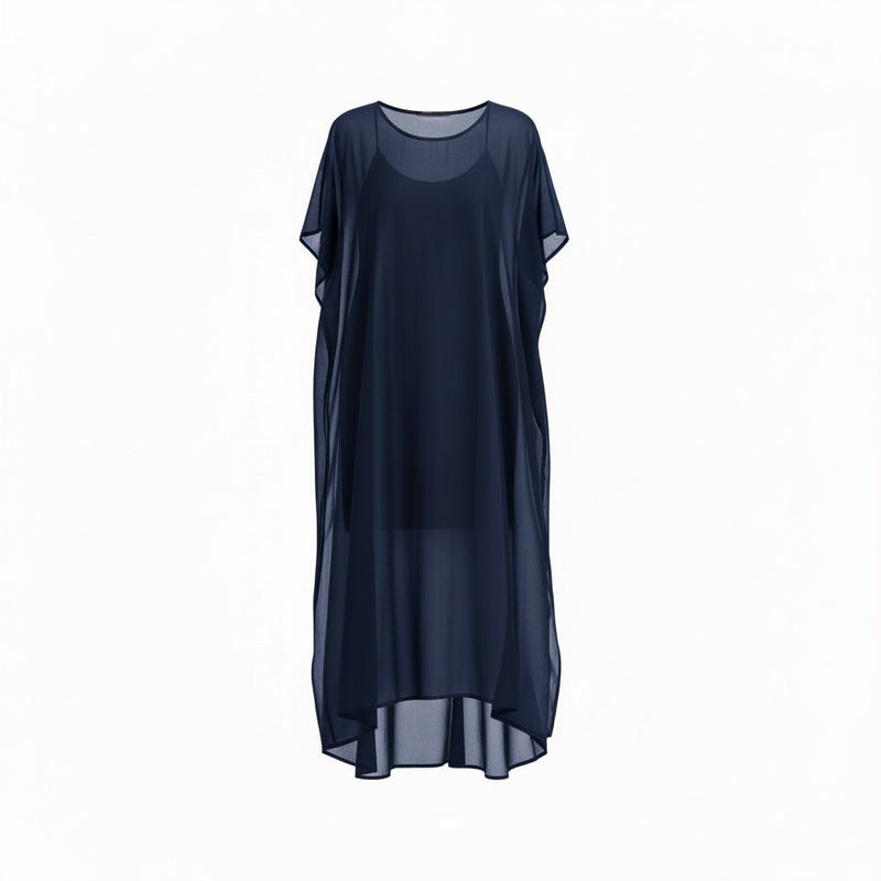 NES Civita Dress by N-E-S – a full-length chiffon dress with oversized drape and side splits. Wear as a dress, over pants or layered. Versatile and NZ made.