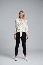 The NES Esme Top by N-E-S – a soft, drapey top with curved hem, available in viscose polka dot georgette or ivory satin back crepe. NZ made.