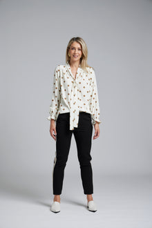 The NES Esme Top by N-E-S – a soft, drapey top with curved hem, available in viscose polka dot georgette or ivory satin back crepe. NZ made.