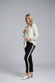 The NES Esme Top by N-E-S – a soft, drapey top with curved hem, available in viscose polka dot georgette or ivory satin back crepe. NZ made.