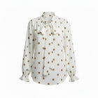 The NES Esme Top by N-E-S – a soft, drapey top with curved hem, available in viscose polka dot georgette or ivory satin back crepe. NZ made.