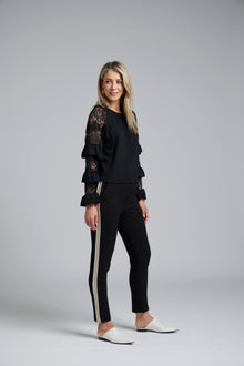 The NES Lilly Piped Pant by N-E-S – a 7/8 straight leg pant with contrast piping, soft stretch fabric and sport-luxe detailing. Comfortable, polished and NZ made.