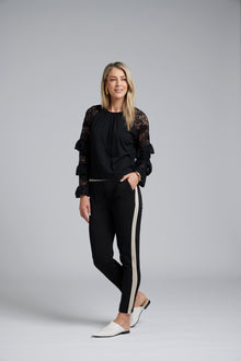 The NES Lilly Piped Pant by N-E-S – a 7/8 straight leg pant with contrast piping, soft stretch fabric and sport-luxe detailing. Comfortable, polished and NZ made.