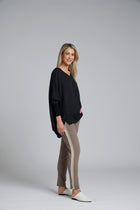 The NES Lilly Piped Pant by N-E-S – a 7/8 straight leg pant with contrast piping, soft stretch fabric and sport-luxe detailing. Comfortable, polished and NZ made.