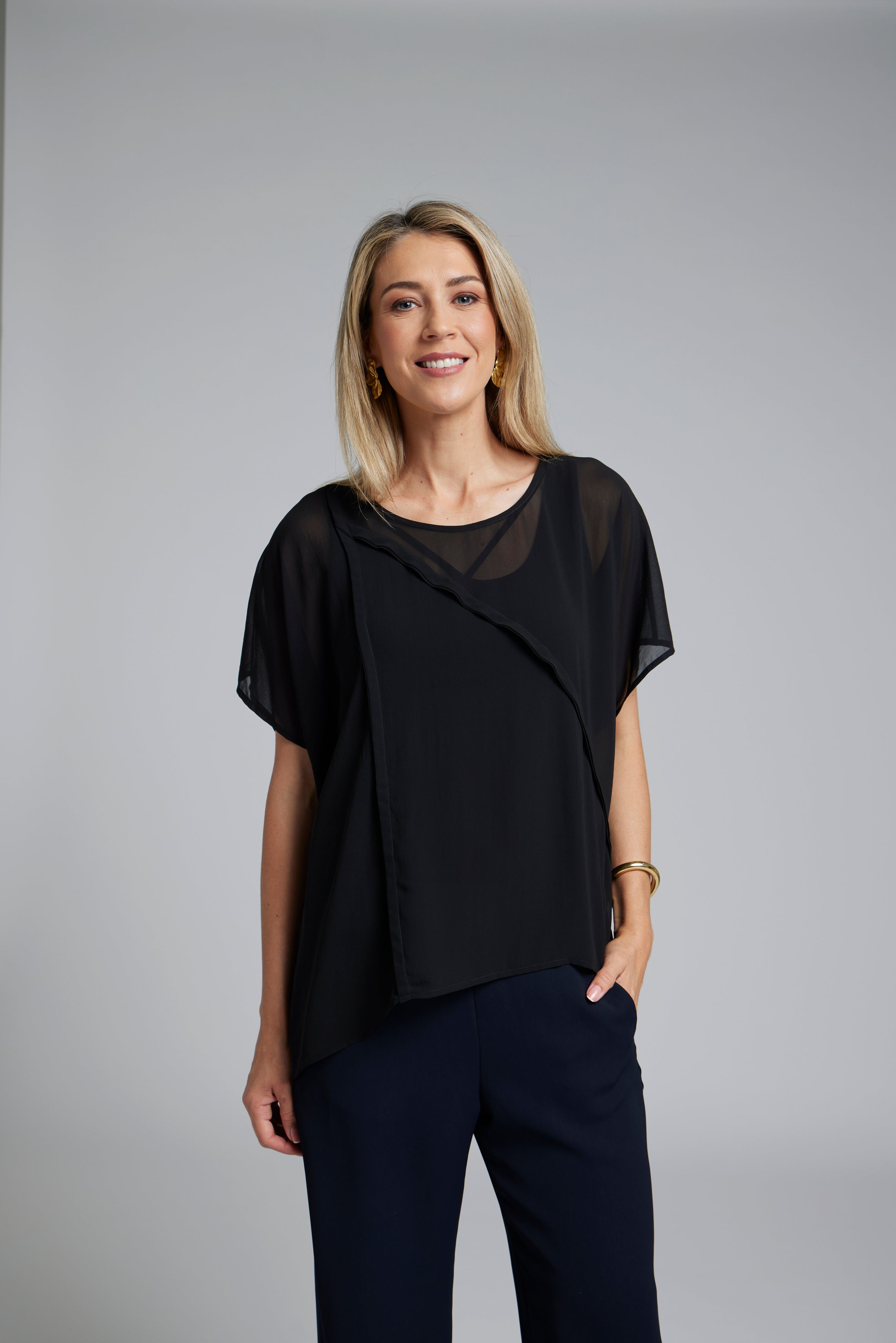The NES Luna Top – a sheer chiffon top with exposed seams and relaxed fit. Perfect for layering. Lightweight and NZ made.