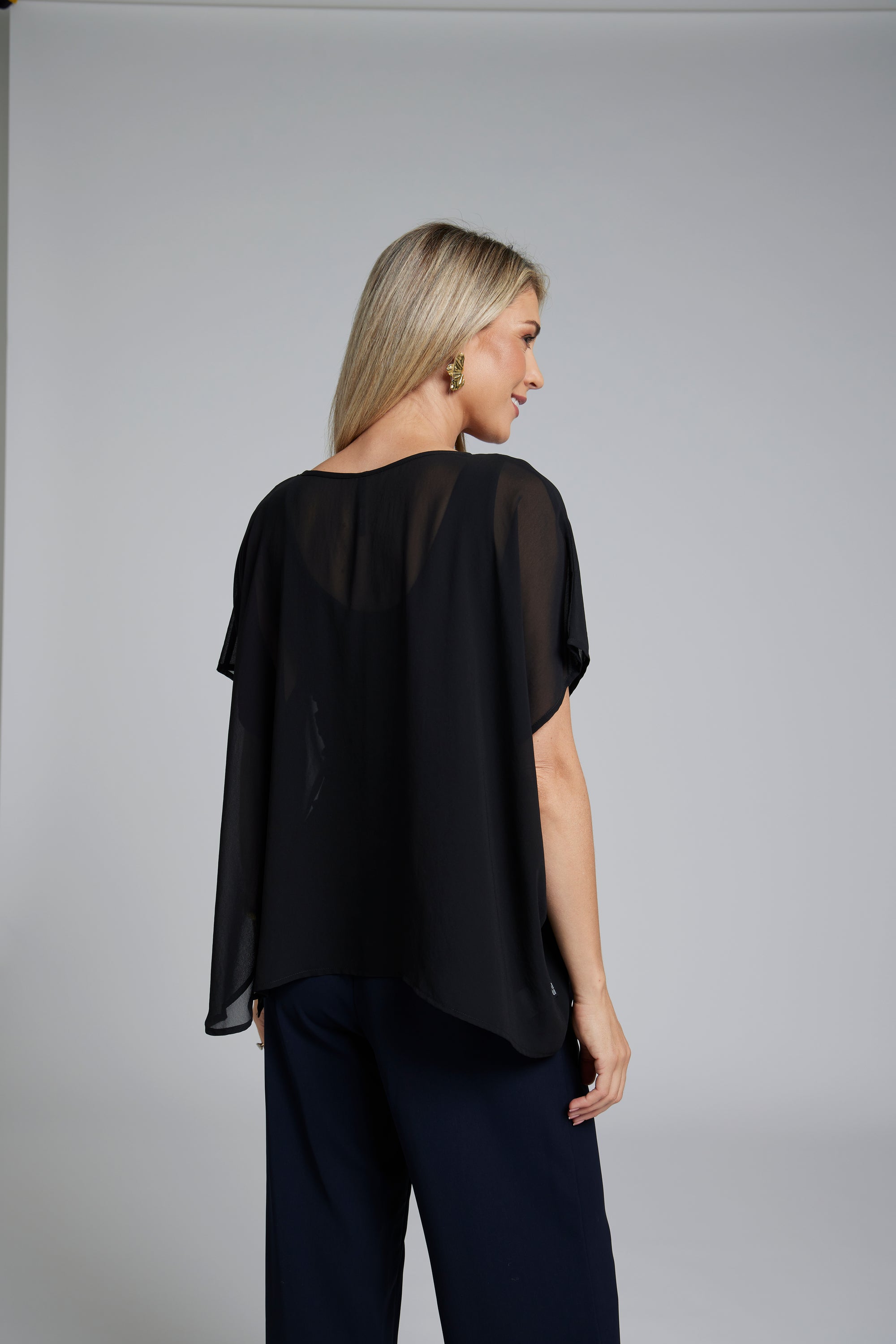 The NES Luna Top – a sheer chiffon top with exposed seams and relaxed fit. Perfect for layering. Lightweight and NZ made.